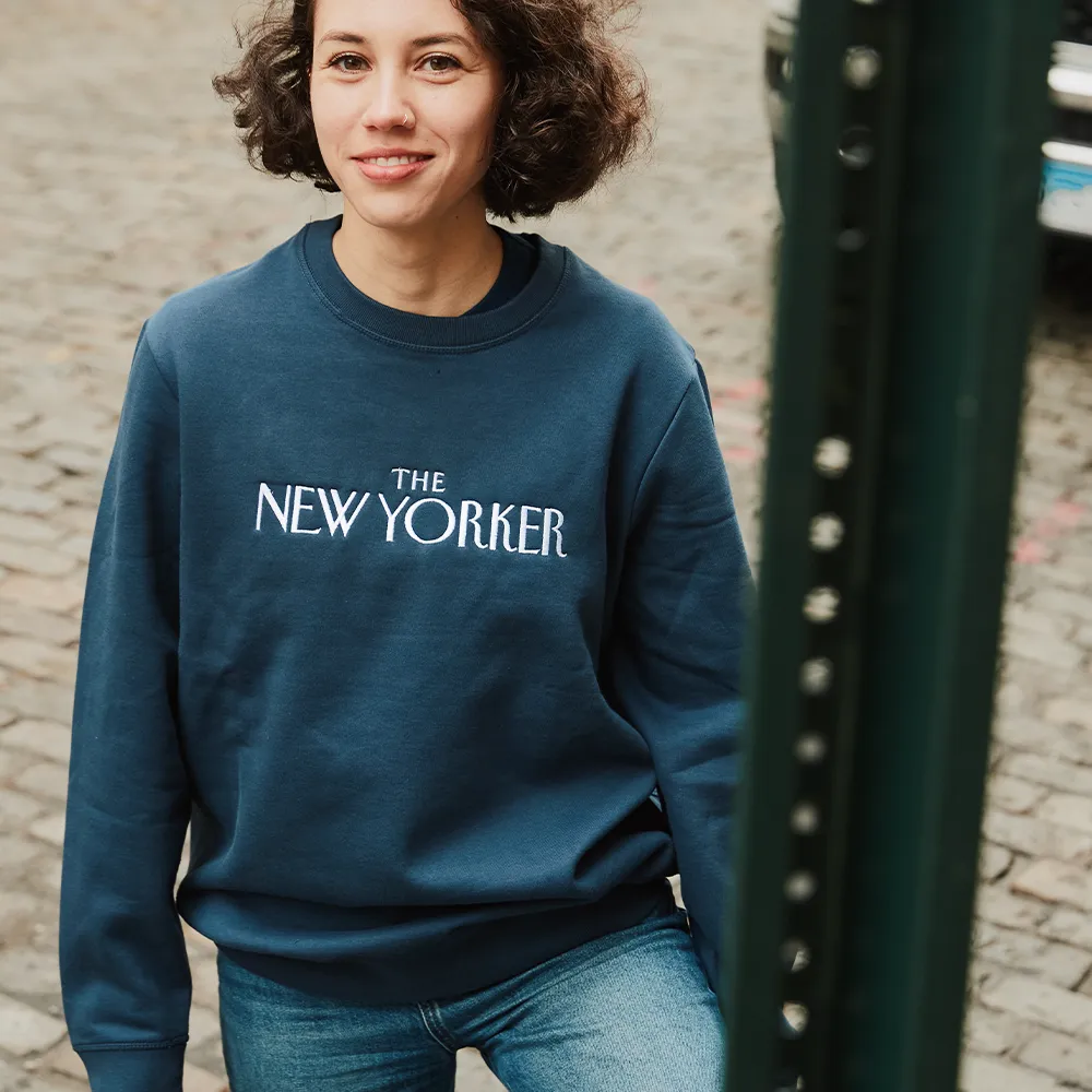 Rea Irvin’s Embroidered Crewneck Sweatshirt in Navy