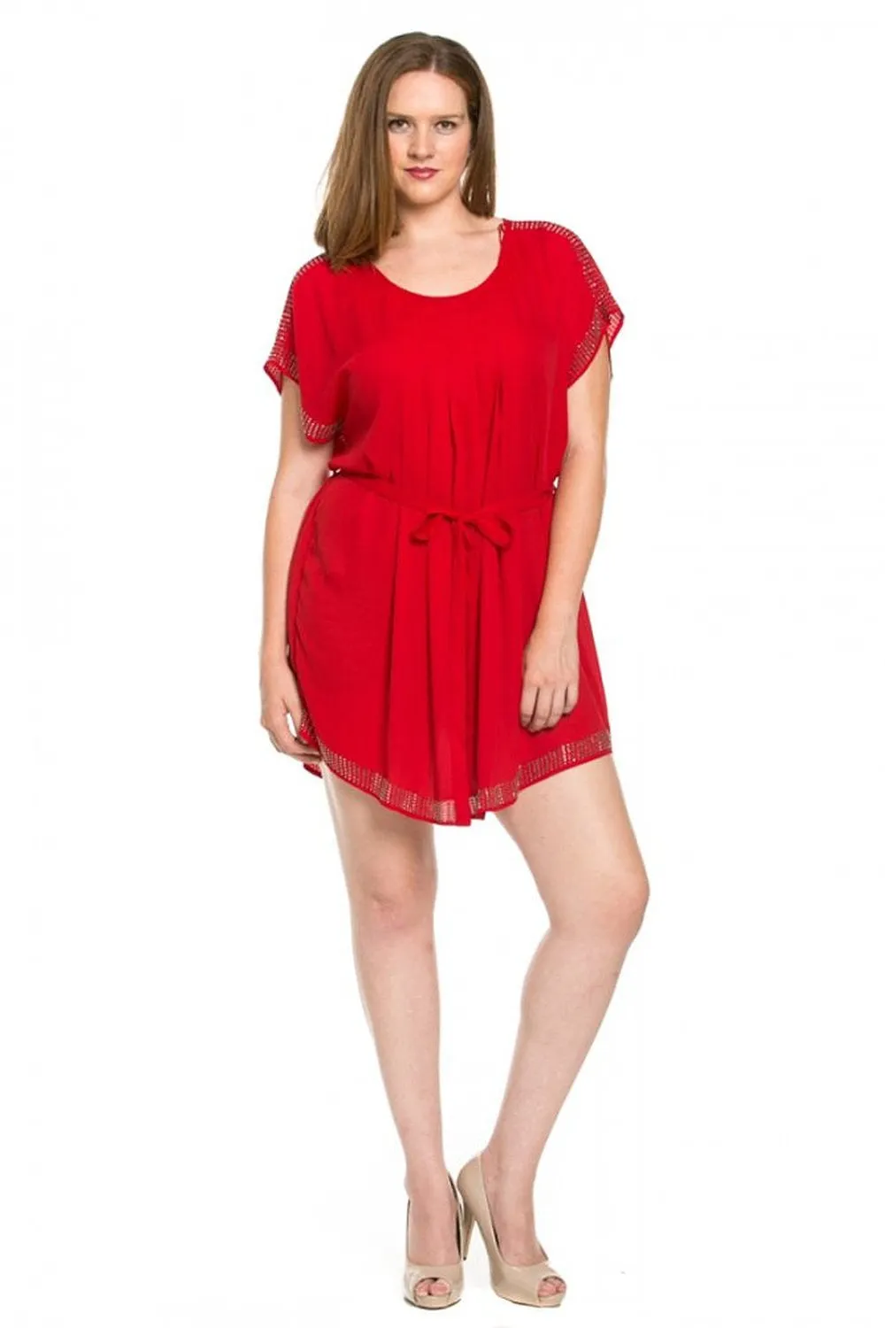 Red Plus Size Beaded Detail Short Sleeve Waist Tie Shirt Dress