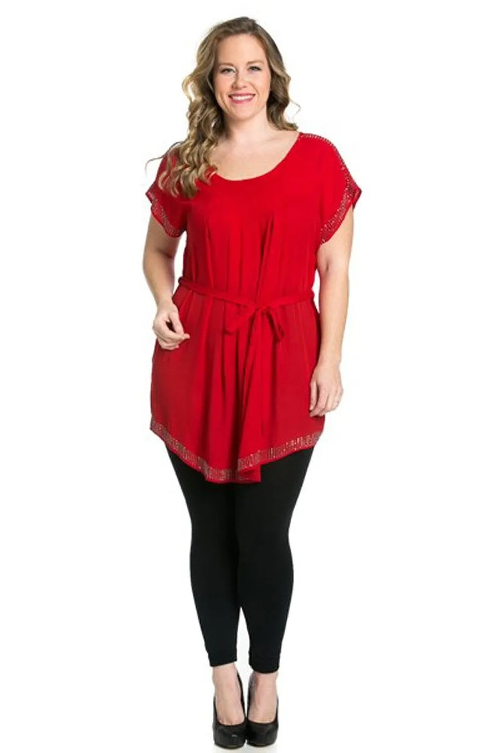 Red Plus Size Beaded Detail Short Sleeve Waist Tie Shirt Dress