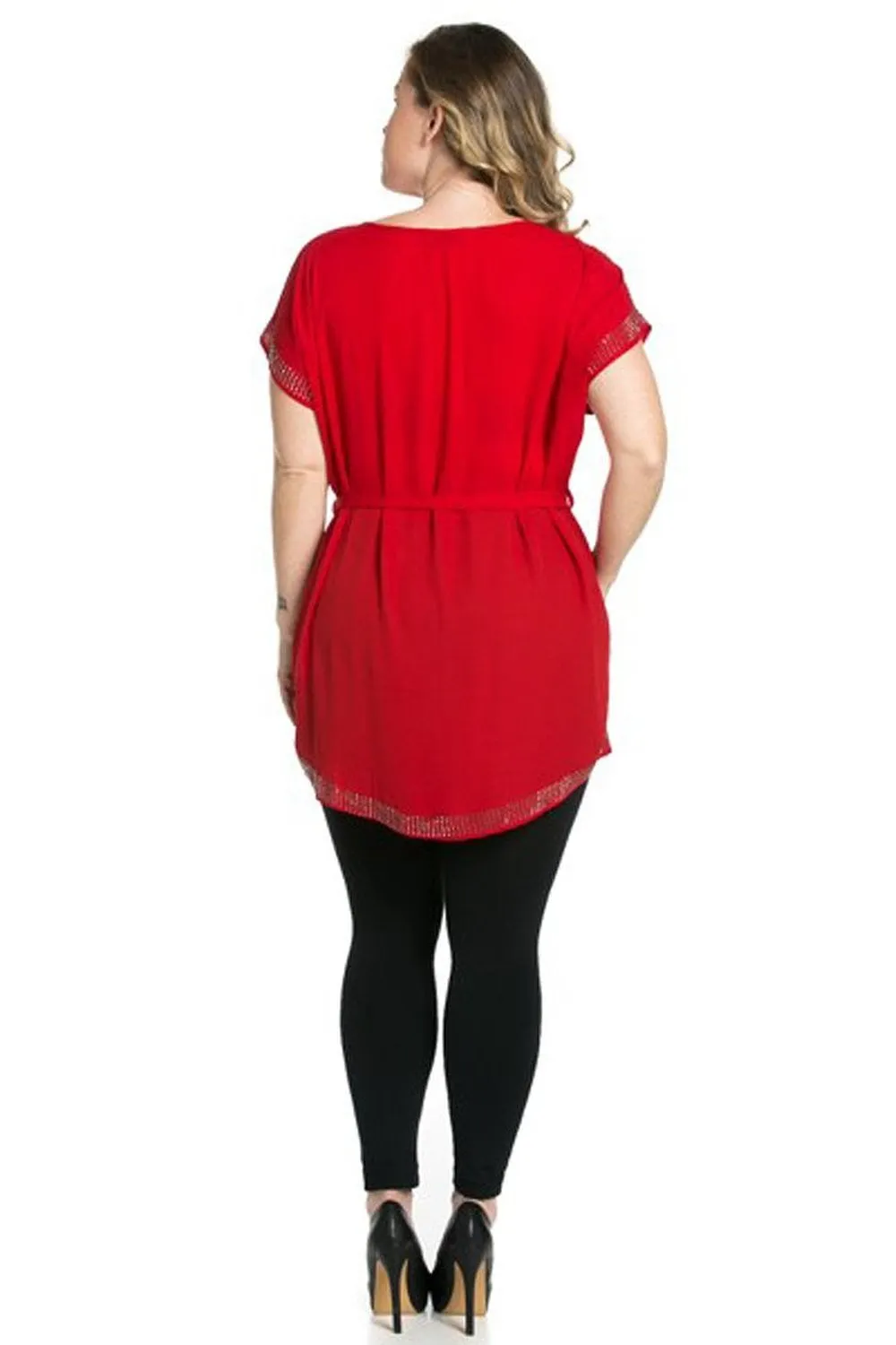 Red Plus Size Beaded Detail Short Sleeve Waist Tie Shirt Dress