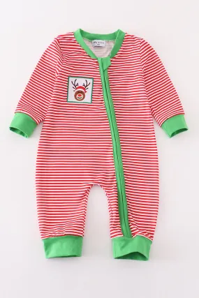 Red Stripe Christmas Reindeer Embroidery Boy Romper