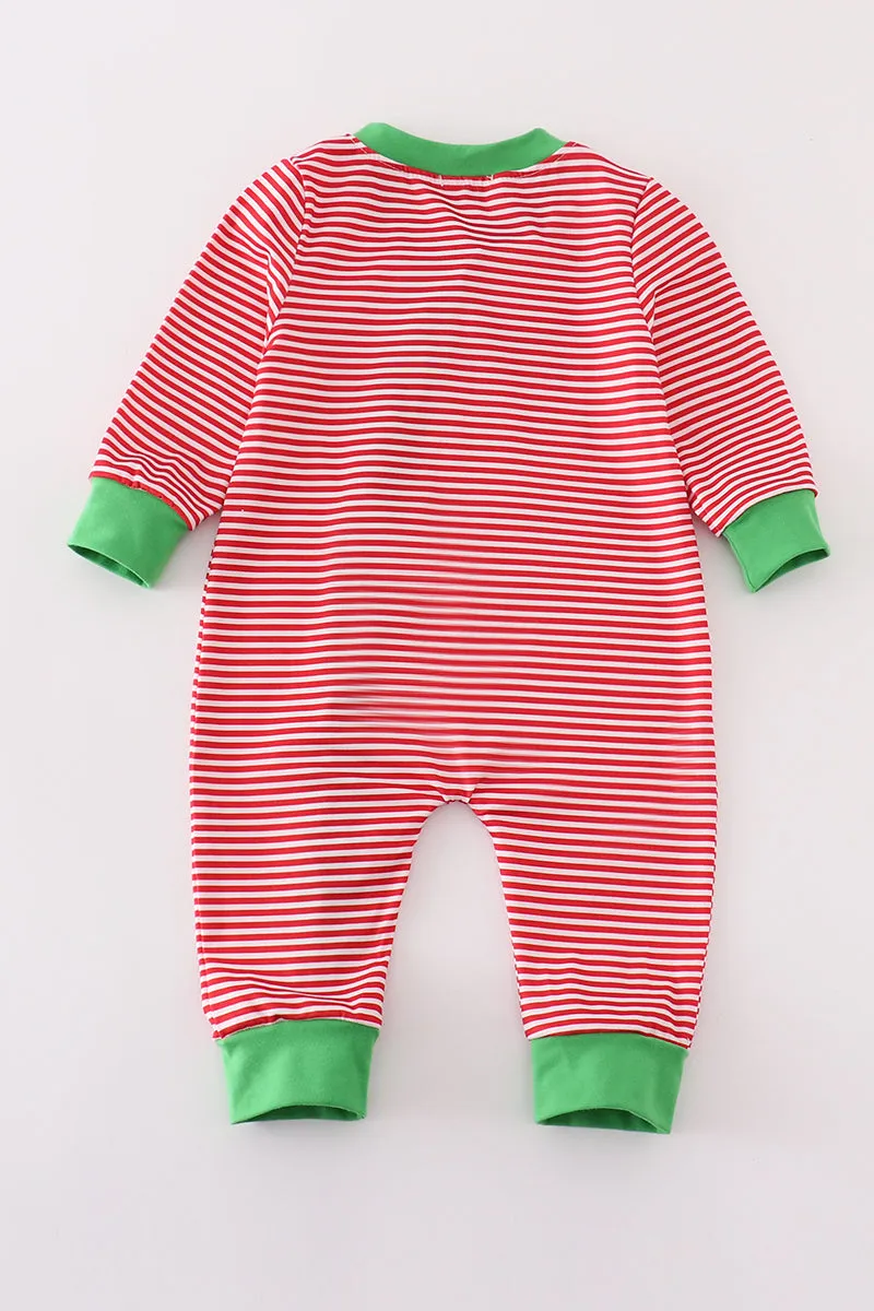 Red Stripe Christmas Reindeer Embroidery Boy Romper