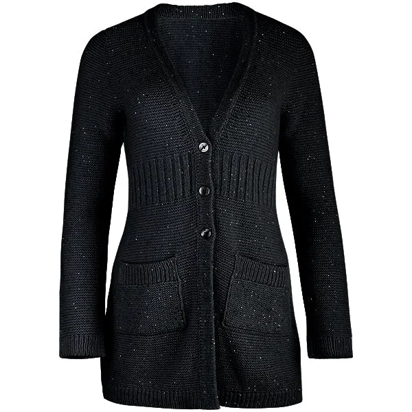 Rib Waist Sequin Long Cardigan in Black