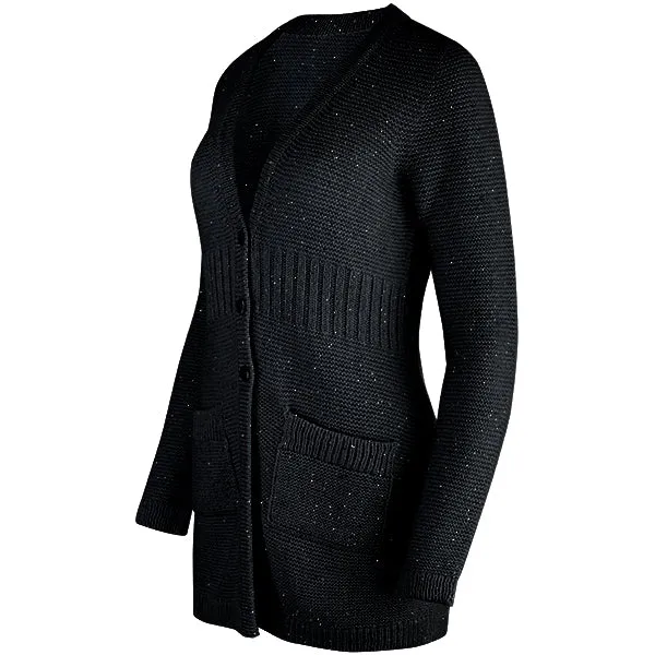 Rib Waist Sequin Long Cardigan in Black