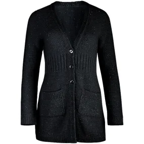 Rib Waist Sequin Long Cardigan in Black
