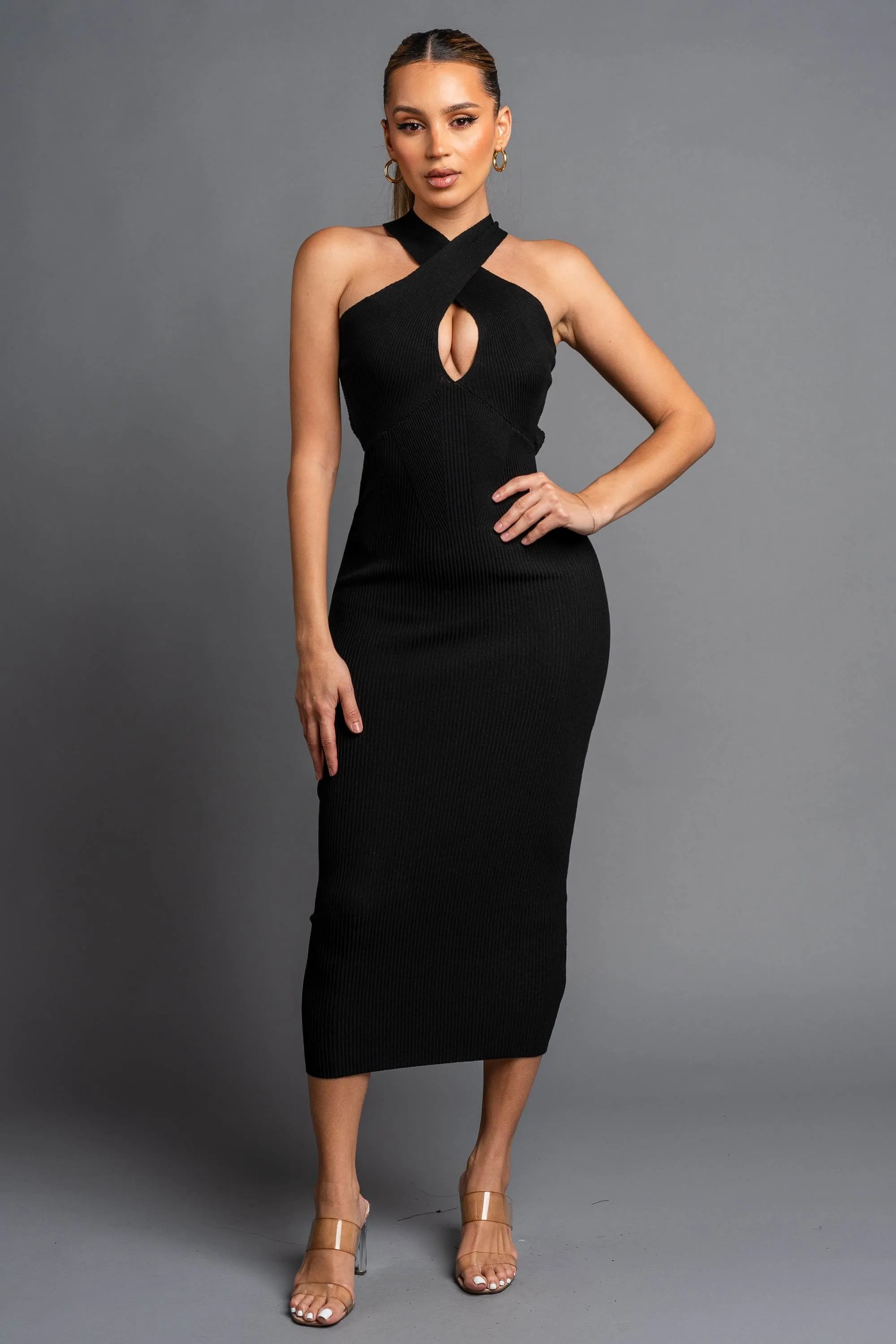 RIBBED SWEATER CROSS NECK KNIT BODYCON MIDI DRESS