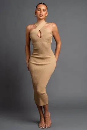 RIBBED SWEATER CROSS NECK KNIT BODYCON MIDI DRESS