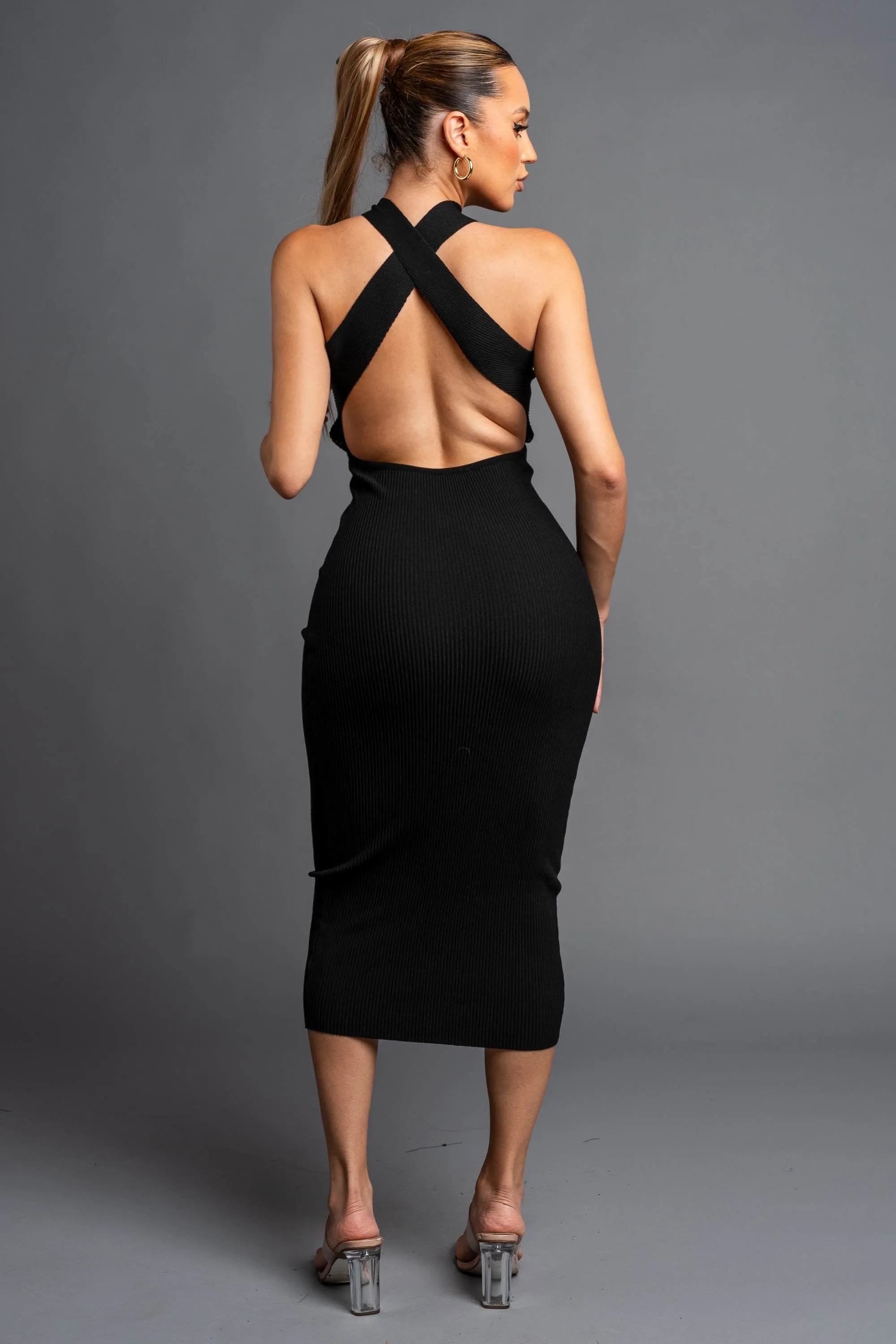 RIBBED SWEATER CROSS NECK KNIT BODYCON MIDI DRESS