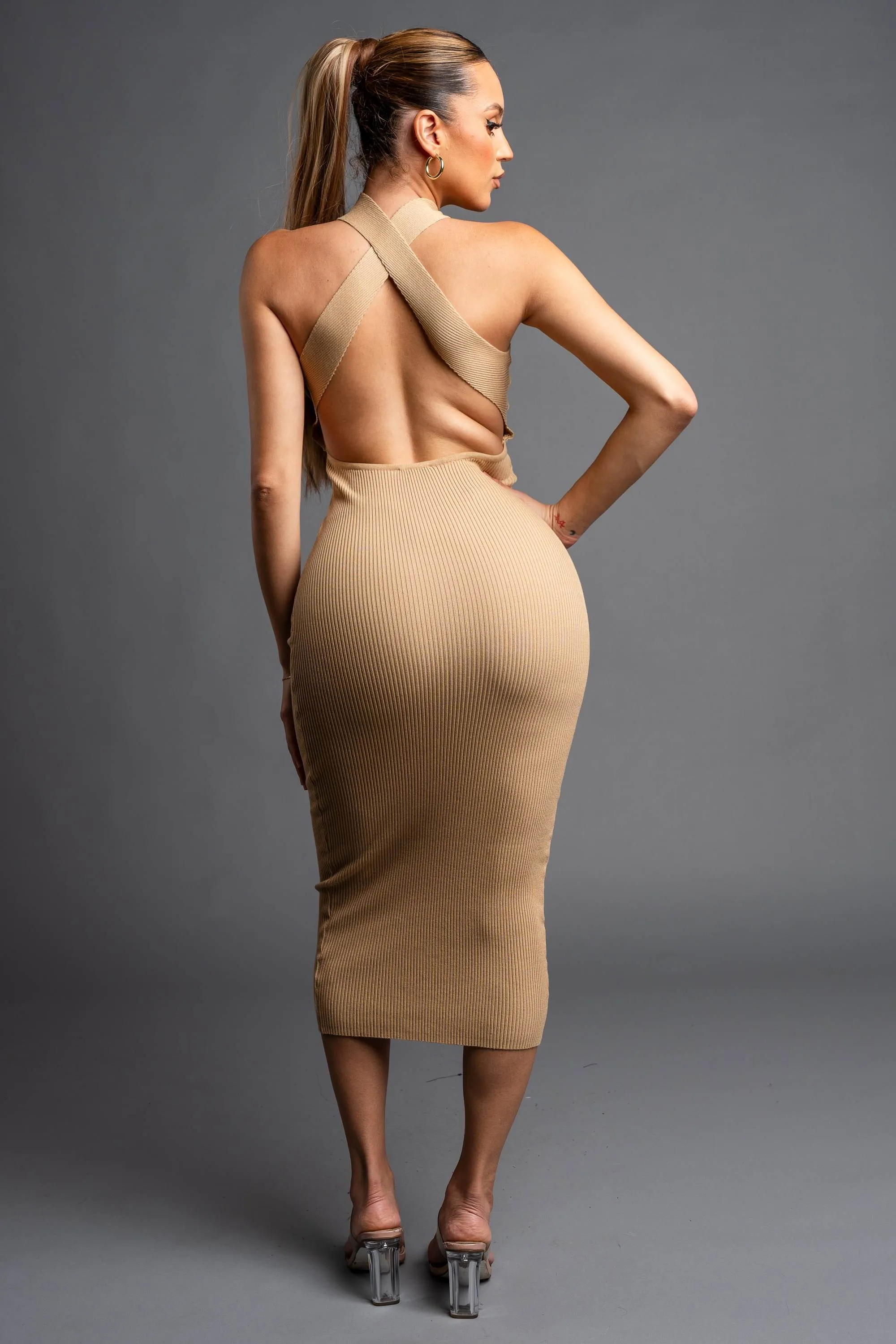 RIBBED SWEATER CROSS NECK KNIT BODYCON MIDI DRESS