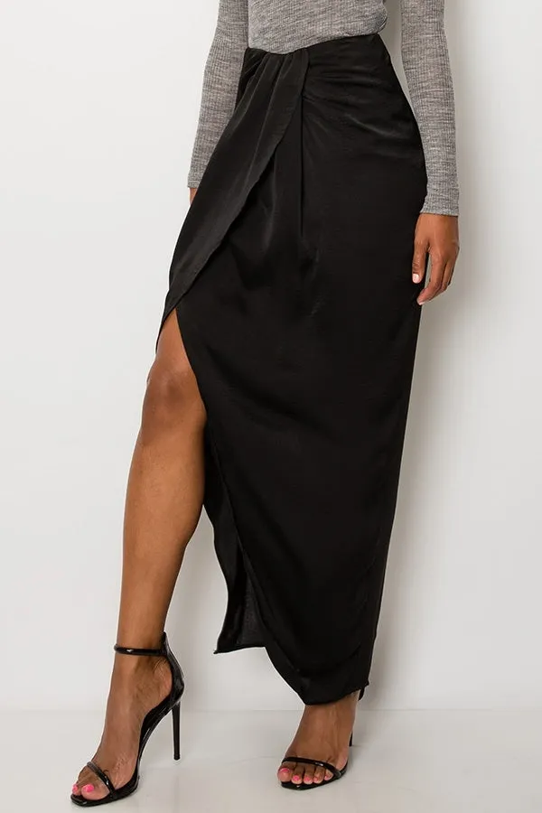 Satin Drape Front Tulip Maxi Skirt
