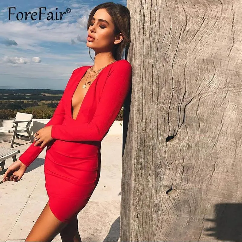 Sheath Long Sleeve Deep V Neck Backless Bodycon Party Mini Dress