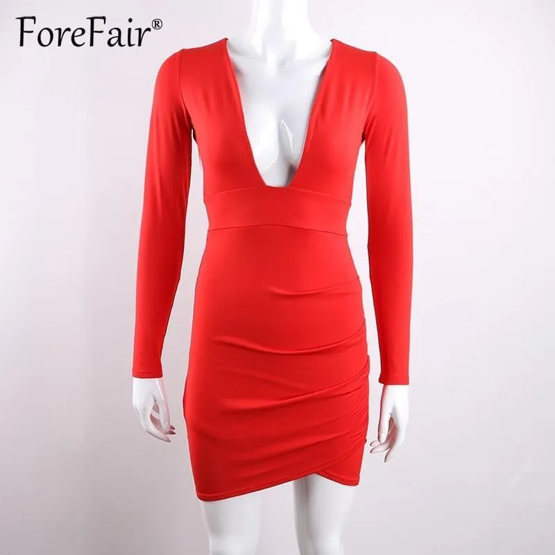 Sheath Long Sleeve Deep V Neck Backless Bodycon Party Mini Dress