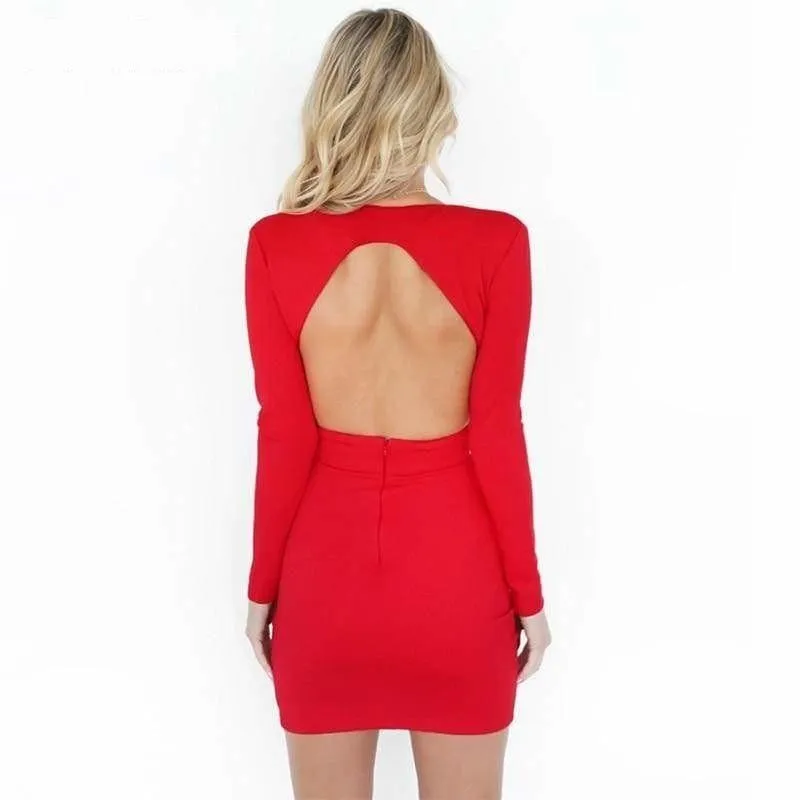 Sheath Long Sleeve Deep V Neck Backless Bodycon Party Mini Dress
