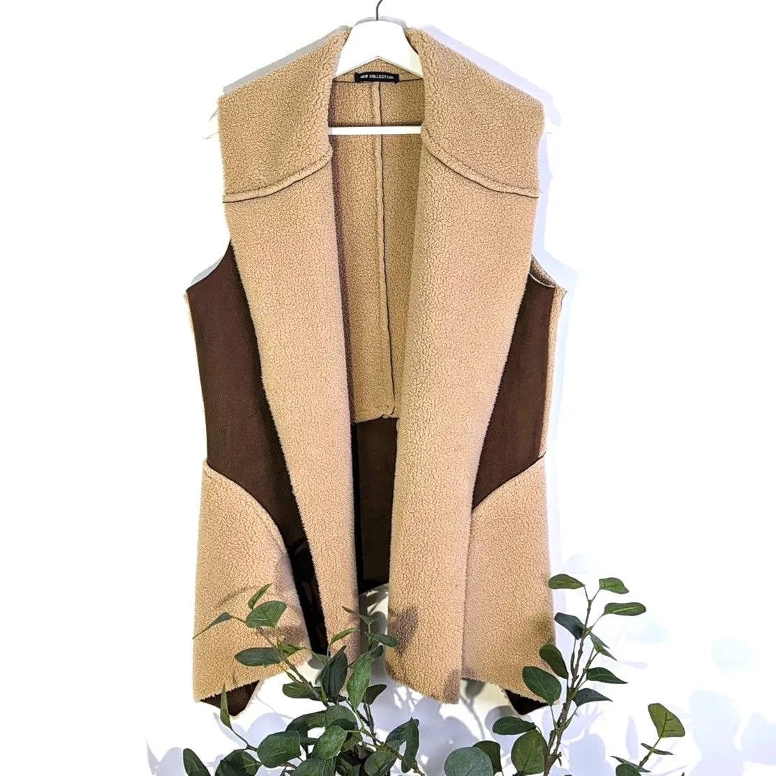 Sheepskin short gilet with waterfall lapel