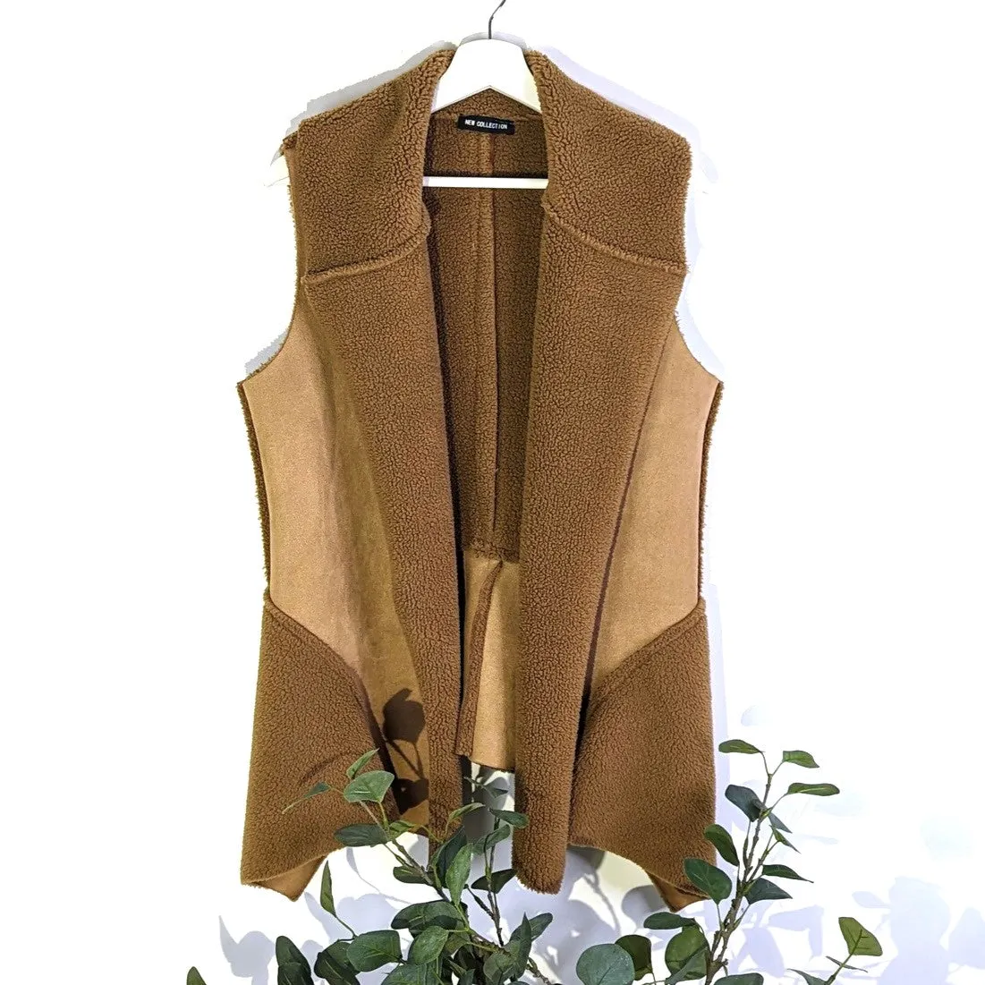 Sheepskin short gilet with waterfall lapel