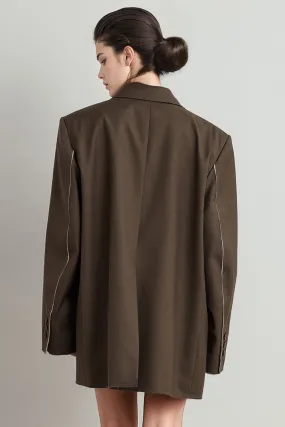 Single Breasted Blazer with Unfinished Hem - Brown