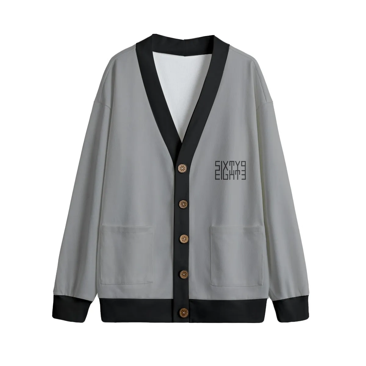 Sixty Eight 93 Logo Black Grey & Black Unisex V-Neck Knitted Fleece Cardigan