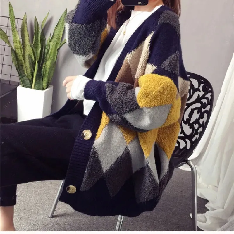 Slouchy Style Women's Cardigan – Loose Fit, Korean-Inspired Autumn and Winter 2024 New Style Outerwear Knitted Jacket in Medium Length