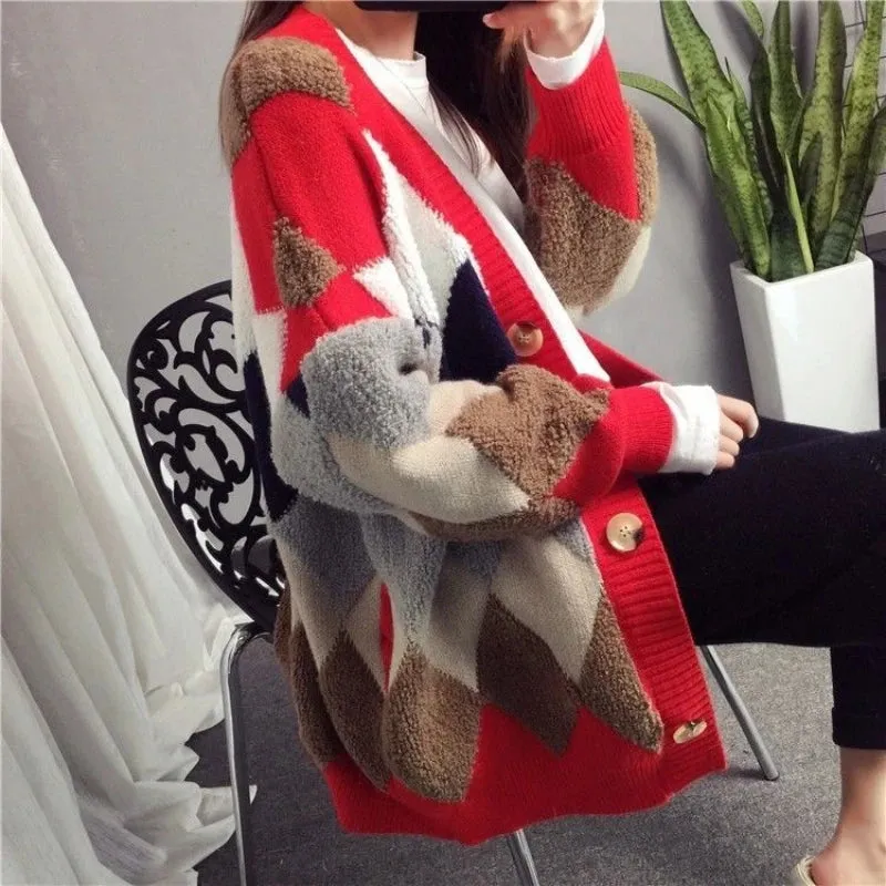Slouchy Style Women's Cardigan – Loose Fit, Korean-Inspired Autumn and Winter 2024 New Style Outerwear Knitted Jacket in Medium Length