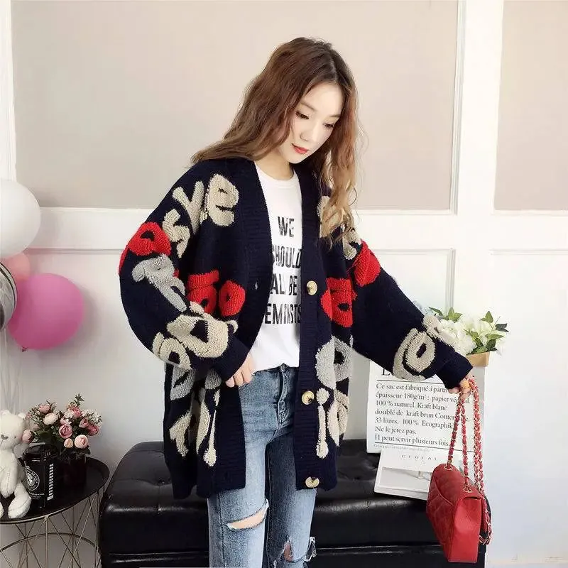 Slouchy Style Women's Cardigan – Loose Fit, Korean-Inspired Autumn and Winter 2024 New Style Outerwear Knitted Jacket in Medium Length