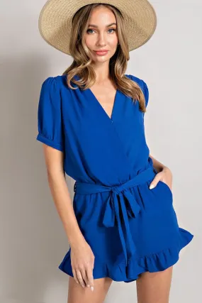 Solid V-Neck Banded Puff Sleeve Romper