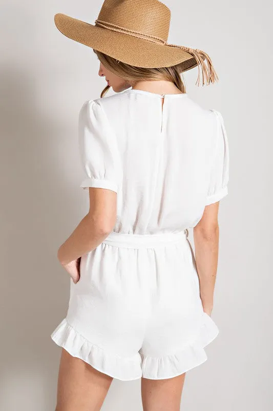 Solid V-Neck Banded Puff Sleeve Romper