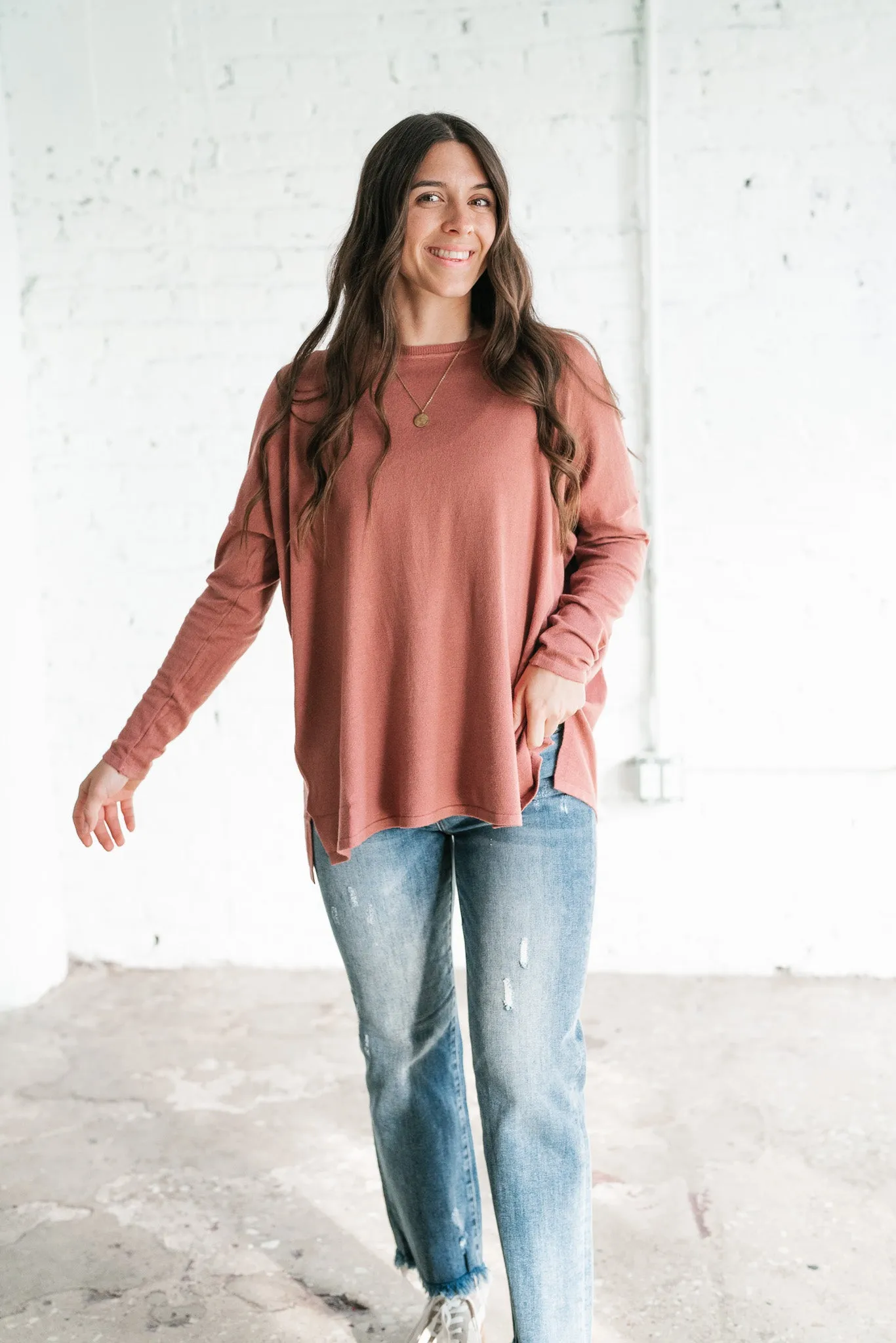 Stay Close Drop Shoulder Sweater - Rose