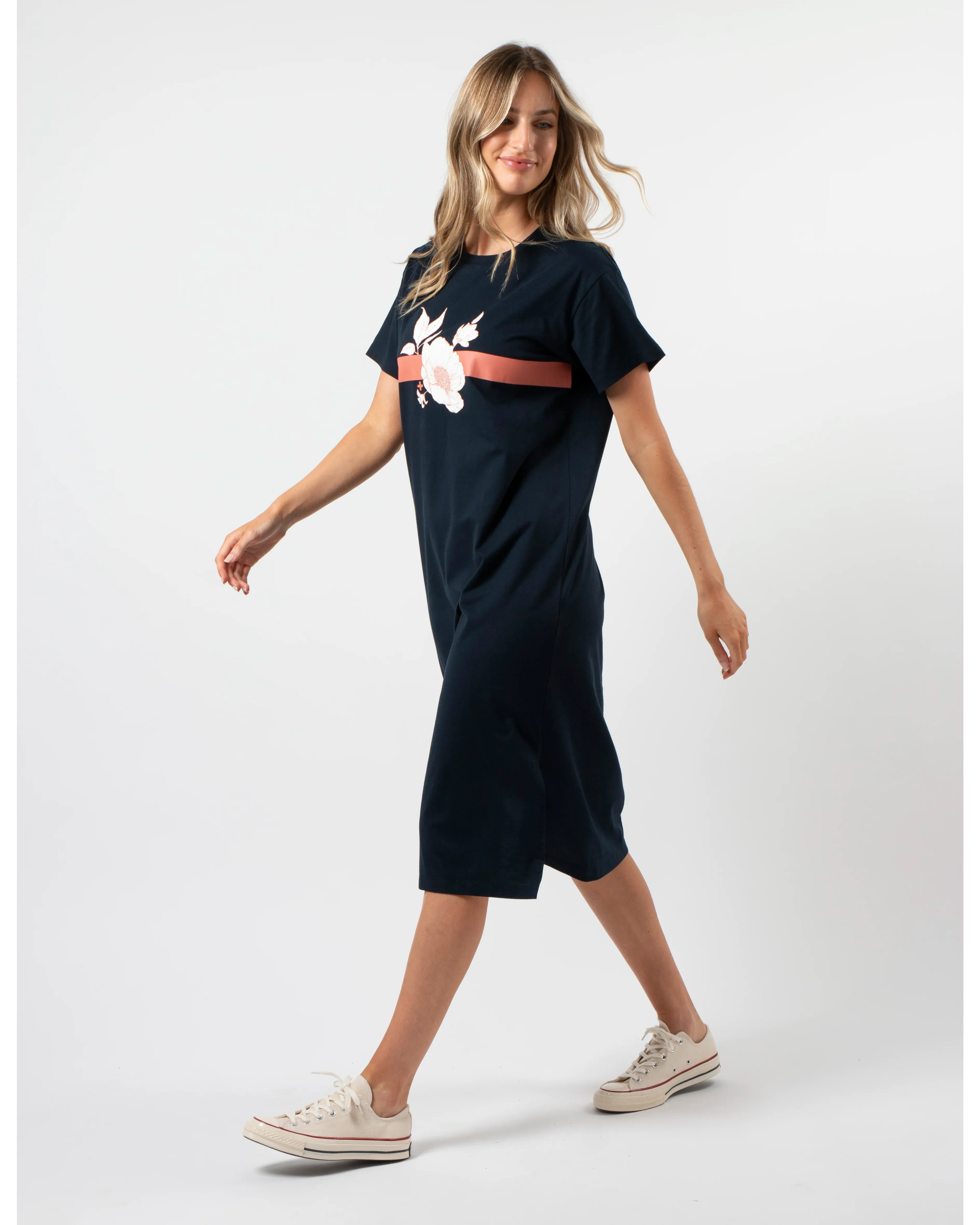 Stella and Gemma Navy Rose Floral Stripe Maxi T Shirt Dress