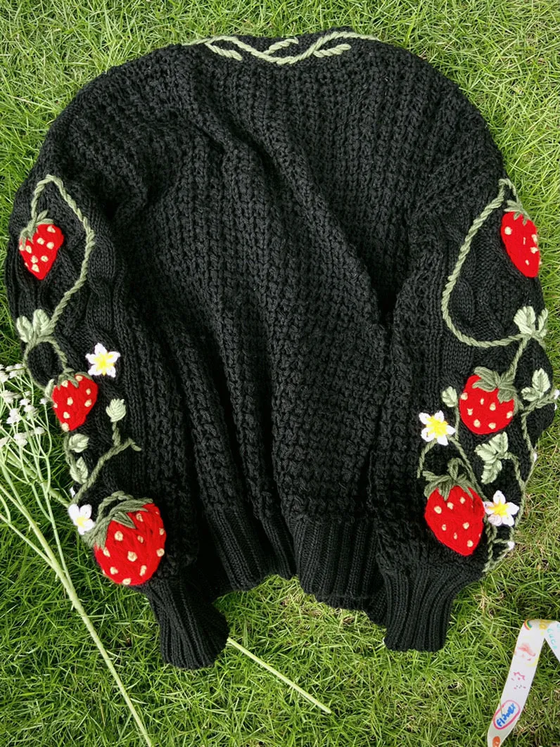Strawberry Bloom Embroidery Cardigan Sweater