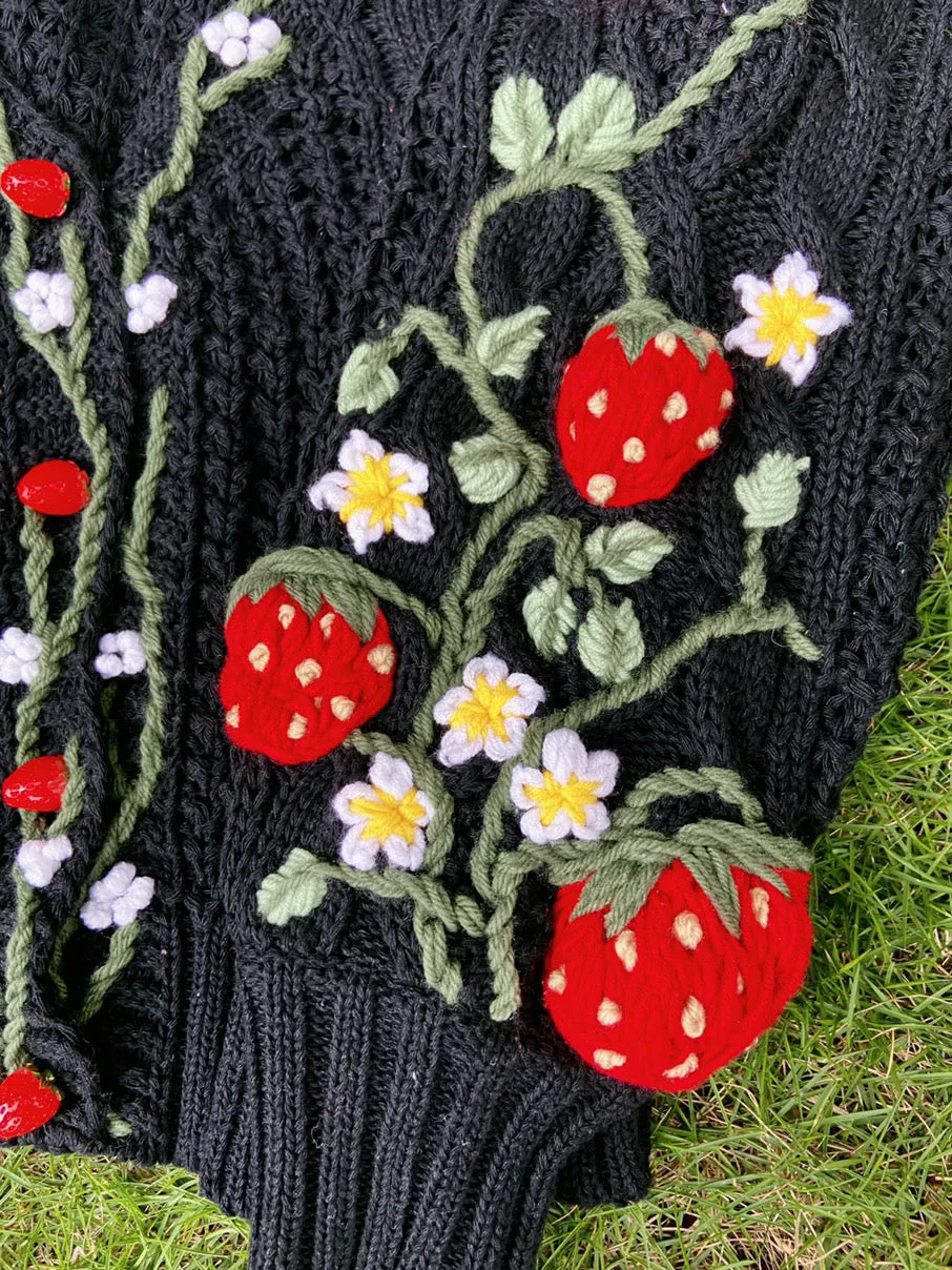 Strawberry Bloom Embroidery Cardigan Sweater