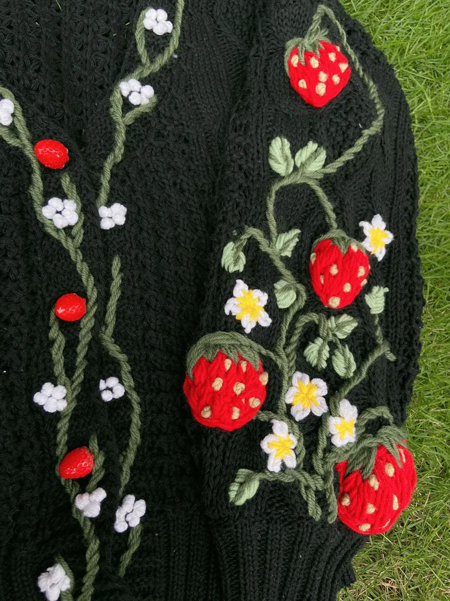 Strawberry Bloom Embroidery Cardigan Sweater