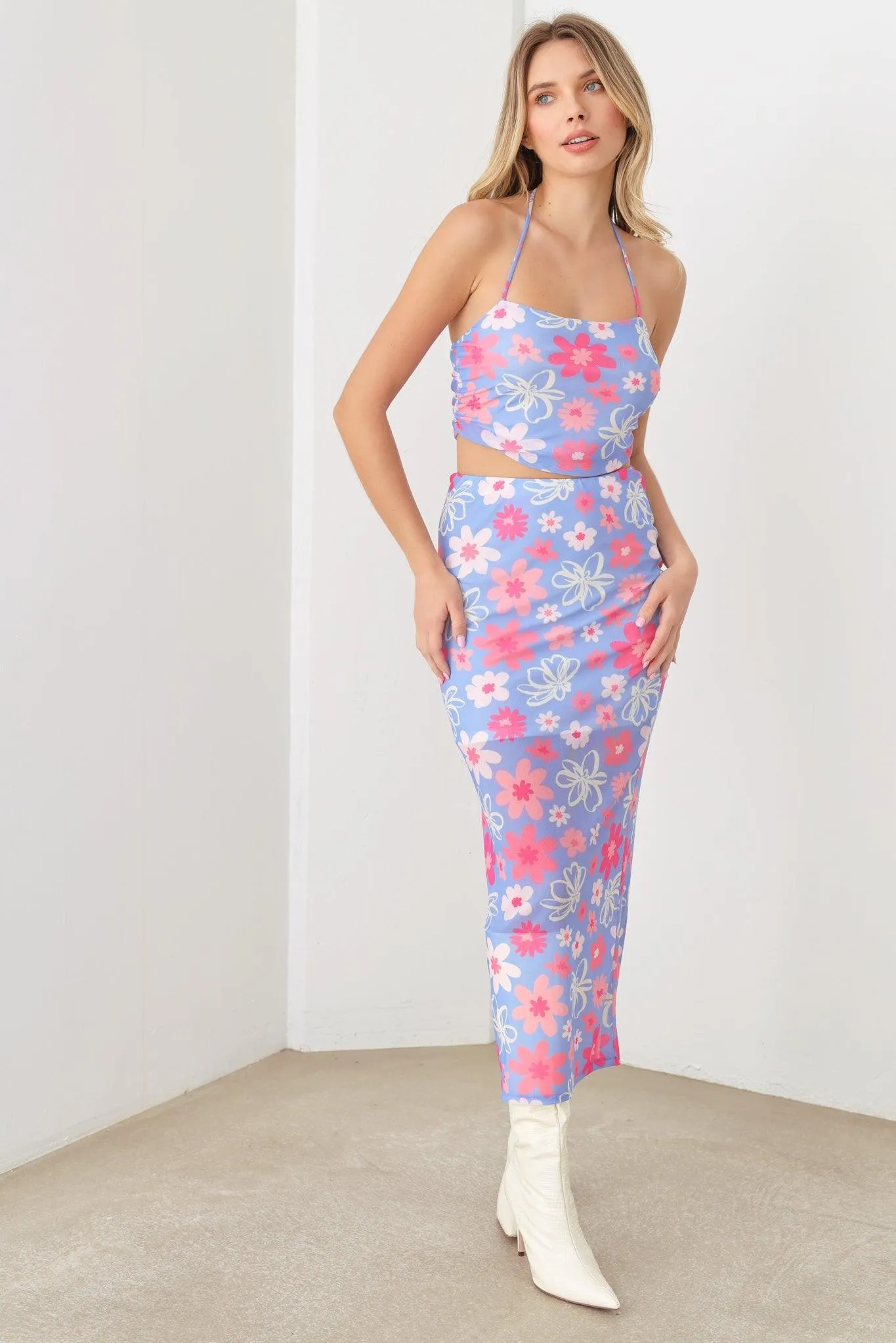 Summer Cute A Mesh Floral Crop Halter Top & Maxi Floral Side Slit Skirt Set