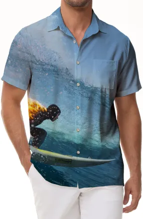 Summer Surf Men's Short Sleeve Hawaiian Print Button Beach Shirt