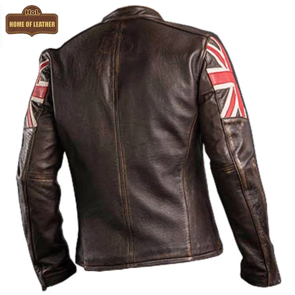 UK Flag M034 Cafe Racer Stylish Brown Biker Vintage Men's Jacket