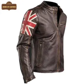 UK Flag M034 Cafe Racer Stylish Brown Biker Vintage Men's Jacket