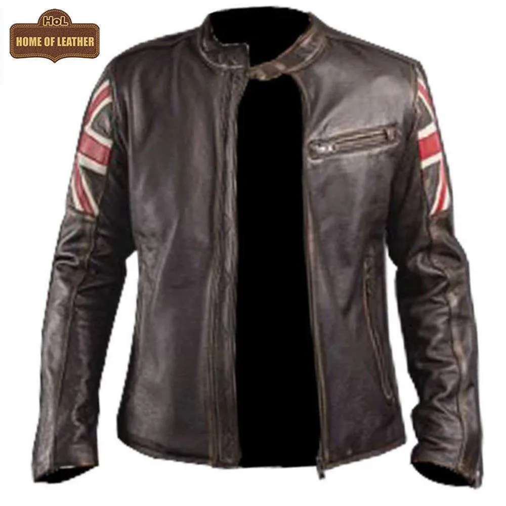 UK Flag M034 Cafe Racer Stylish Brown Biker Vintage Men's Jacket