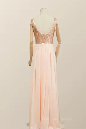 V Neck Rose Gold Sequin and Chiffon Long Bridesmaid Dress
