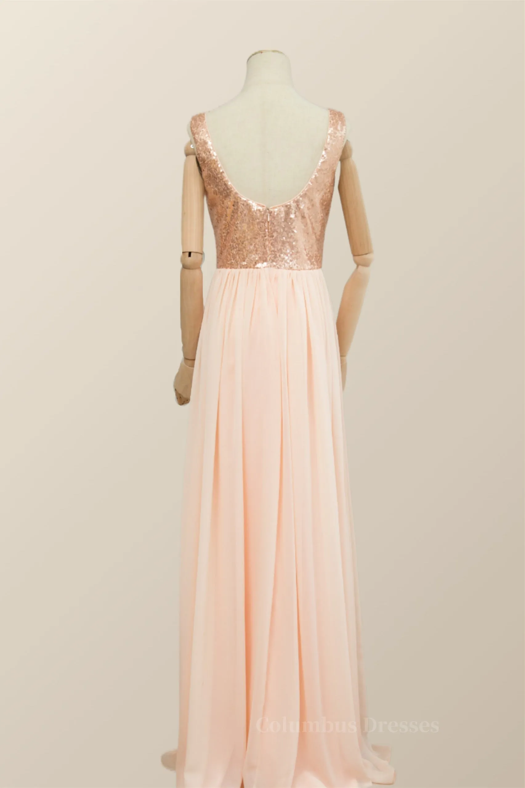V Neck Rose Gold Sequin and Chiffon Long Bridesmaid Dress