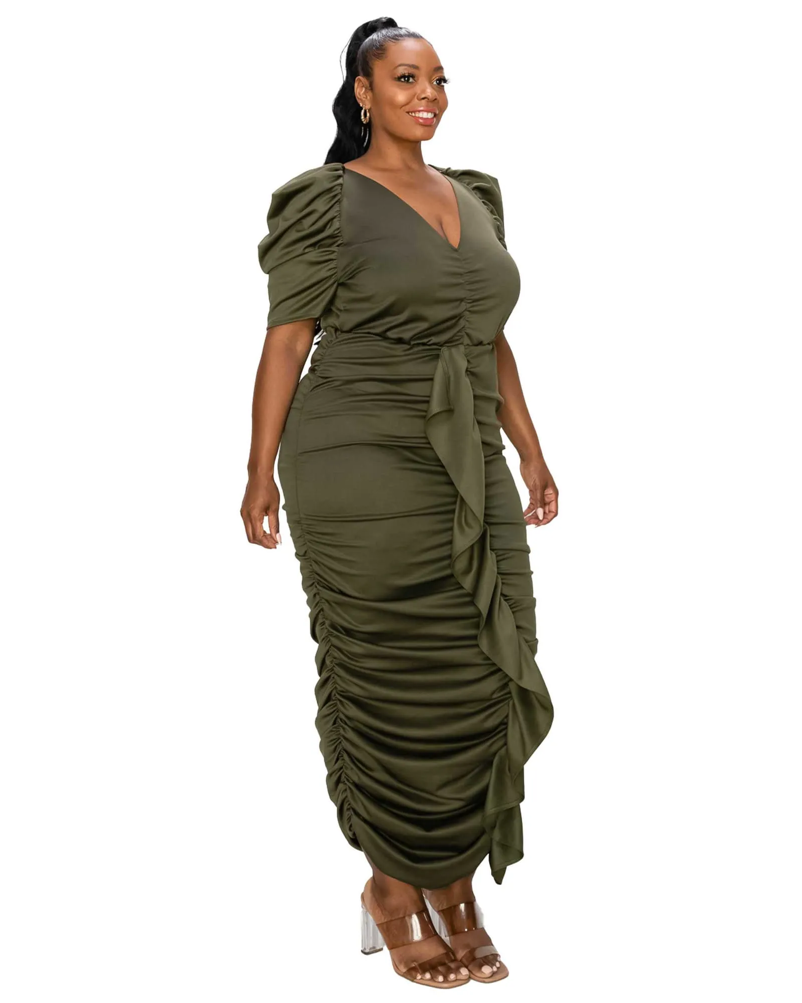Vanessa Ruched Midi Dress | Army Olive