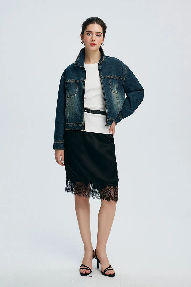 Vintage Cropped Zip-Up Denim Boxy Jacket with Pockets