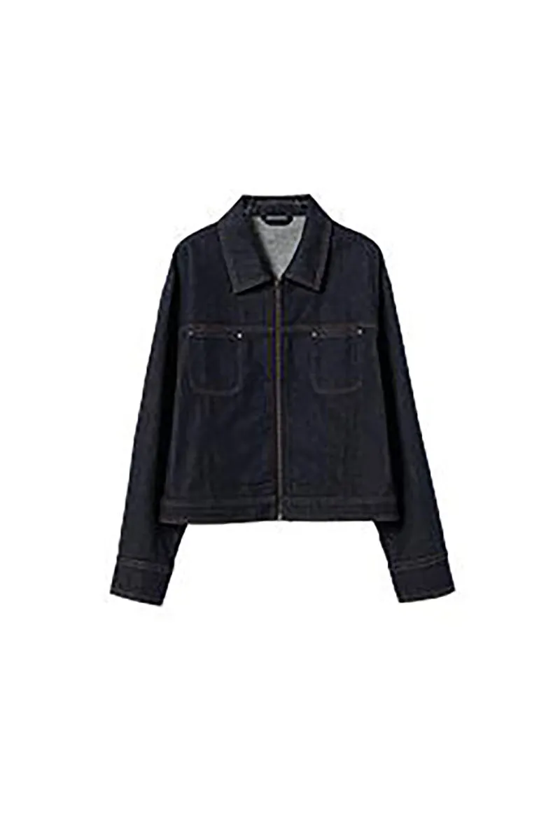 Vintage Cropped Zip-Up Denim Boxy Jacket with Pockets