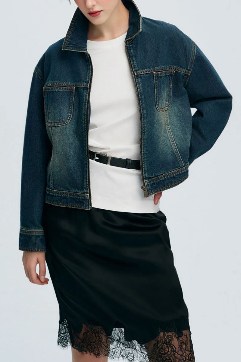 Vintage Cropped Zip-Up Denim Boxy Jacket with Pockets