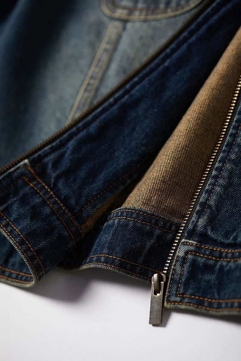 Vintage Cropped Zip-Up Denim Boxy Jacket with Pockets