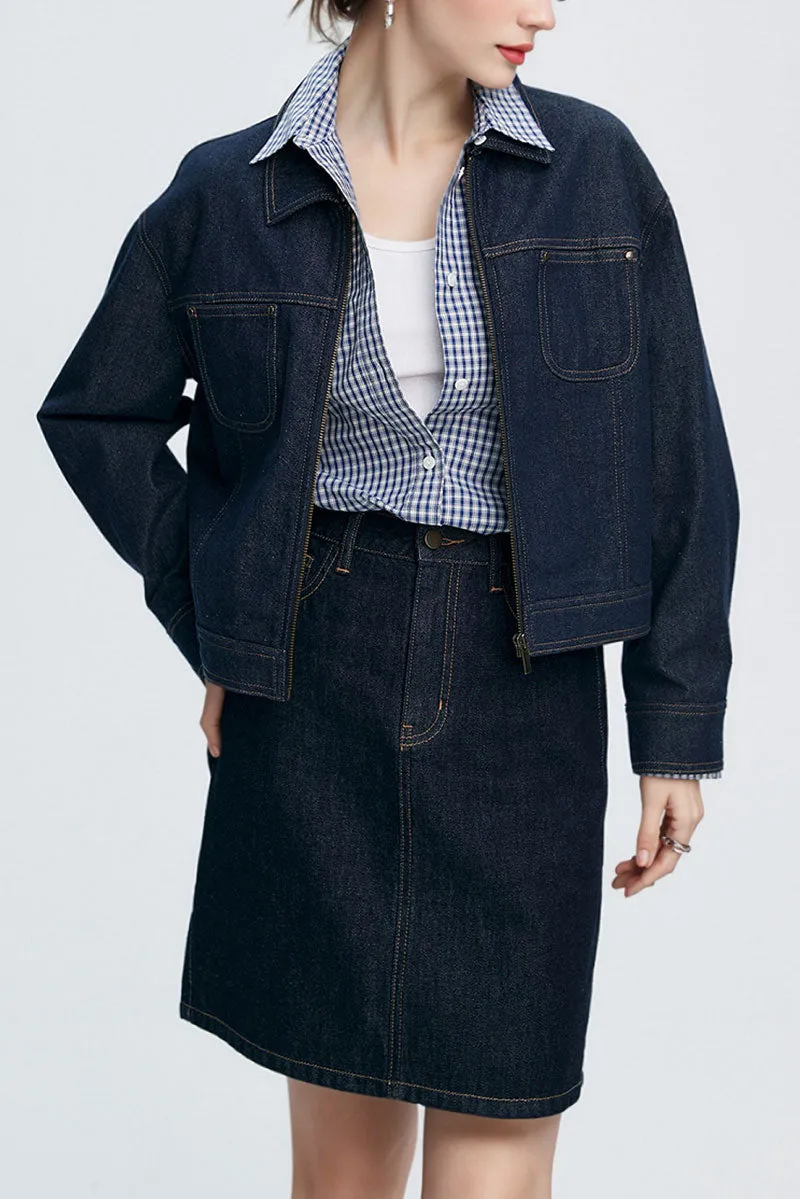 Vintage Cropped Zip-Up Denim Boxy Jacket with Pockets