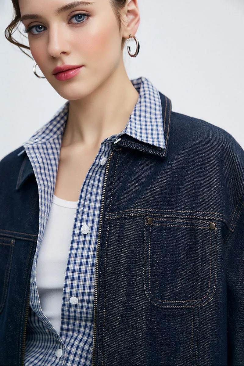 Vintage Cropped Zip-Up Denim Boxy Jacket with Pockets