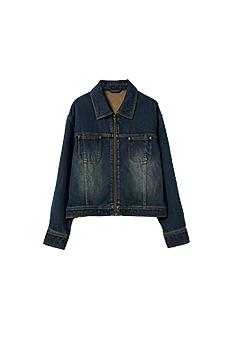 Vintage Cropped Zip-Up Denim Boxy Jacket with Pockets