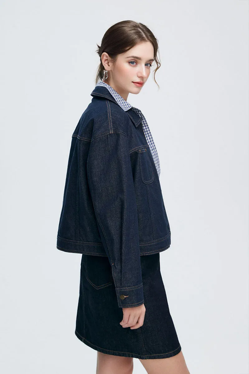Vintage Cropped Zip-Up Denim Boxy Jacket with Pockets