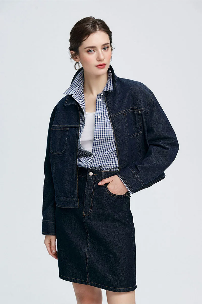 Vintage Cropped Zip-Up Denim Boxy Jacket with Pockets