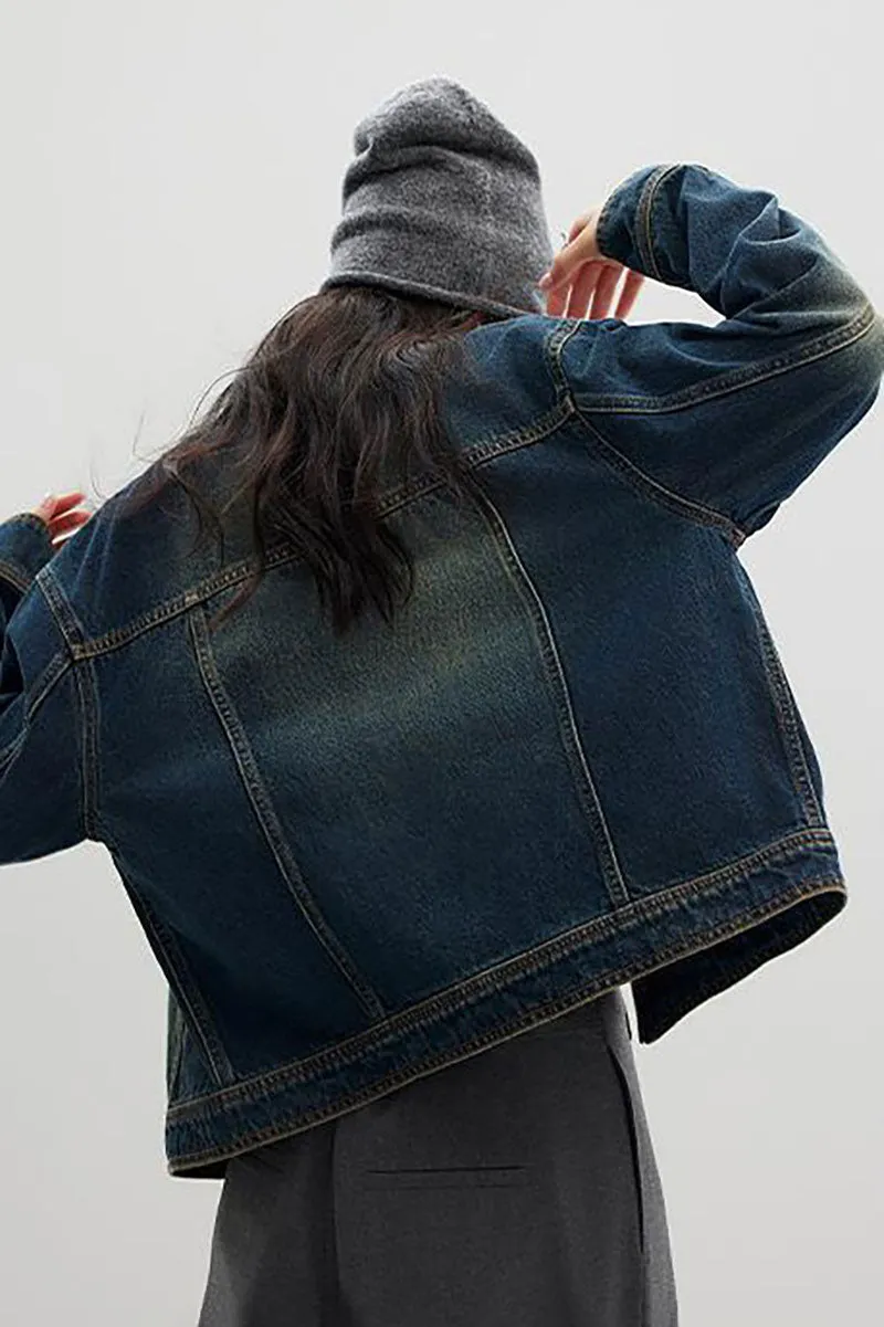 Vintage Cropped Zip-Up Denim Boxy Jacket with Pockets