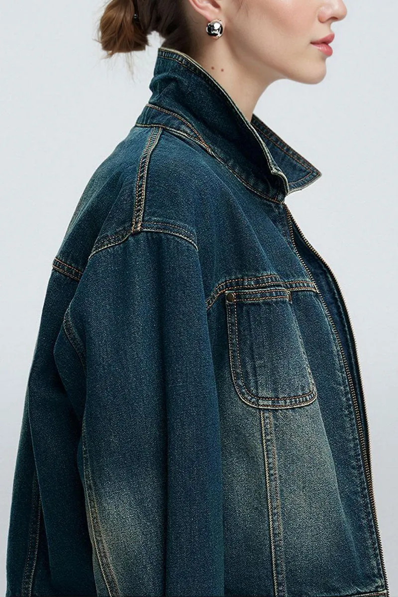 Vintage Cropped Zip-Up Denim Boxy Jacket with Pockets